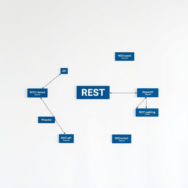 Technisches Diagramm eines REST-API-Request-Response-Flows mit indigofarbenen Knoten