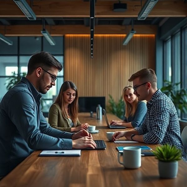 Kleines Software-Team in einem modernen Düsseldorfer Arbeitsraum mit indigofarbenem Umgebungslicht